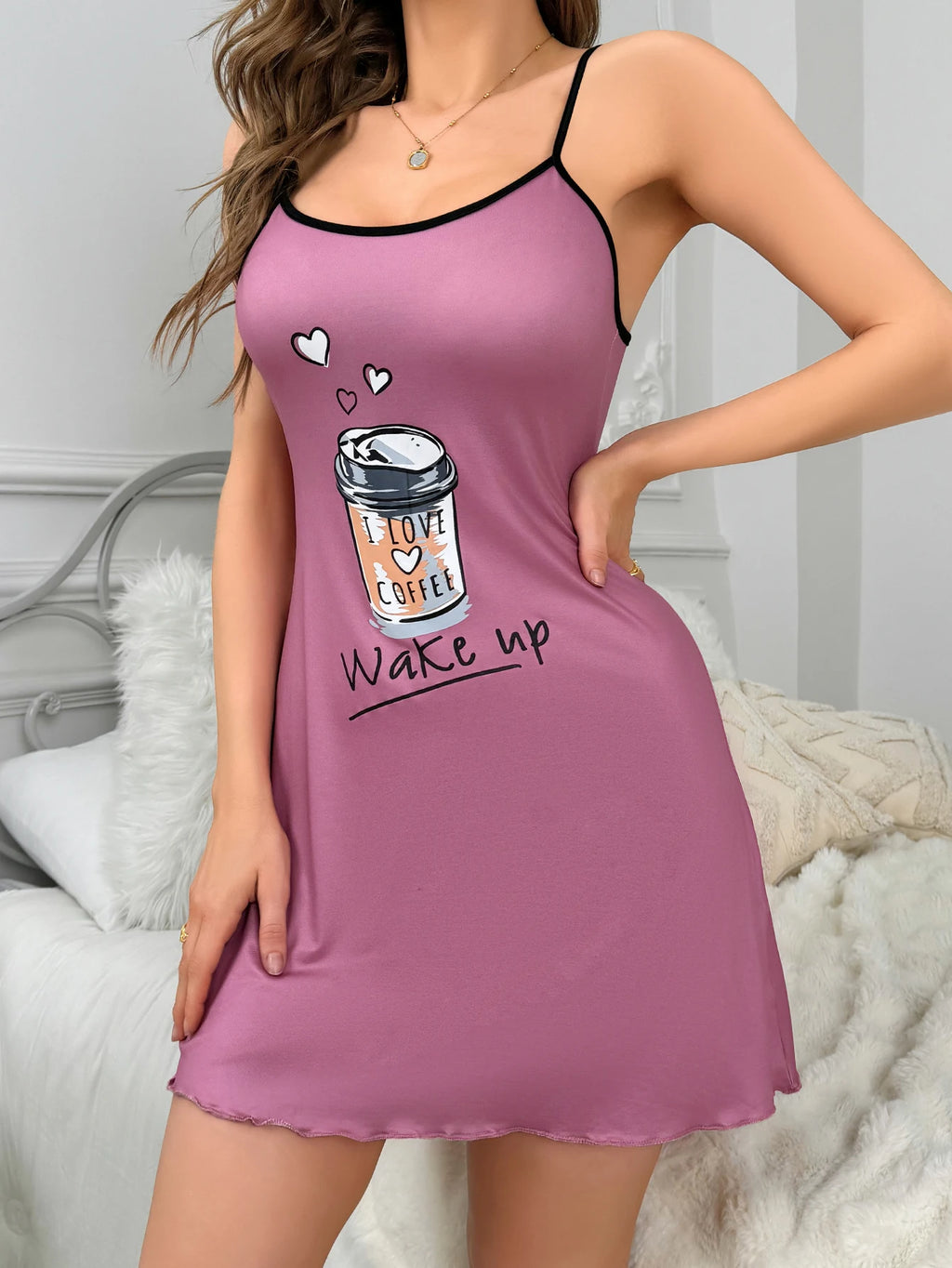 Women's new style halter pajamas Home wear casual pajamas casual skirt cute nightdress coffee pattern
