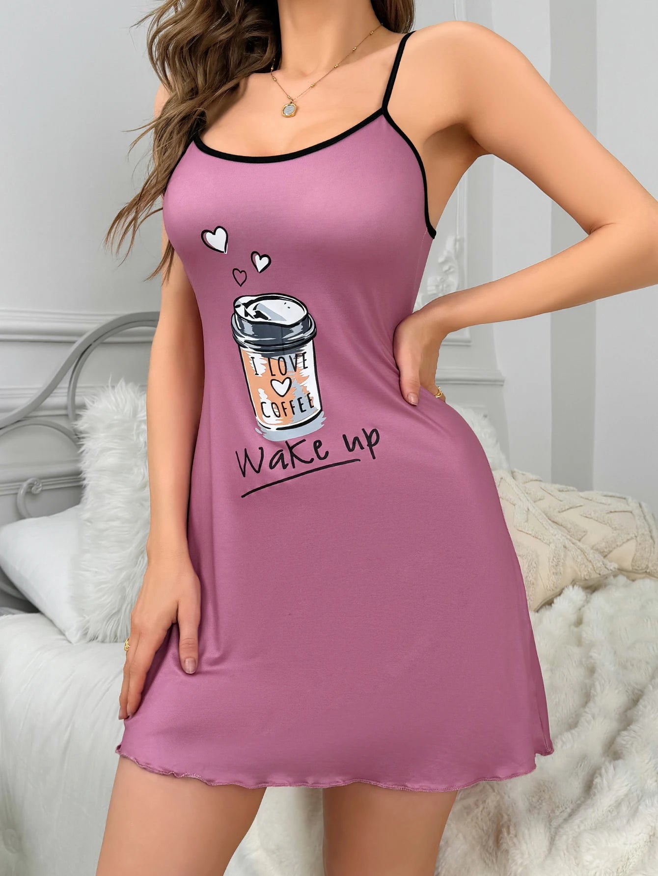 Women's new style halter pajamas Home wear casual pajamas casual skirt cute nightdress coffee pattern