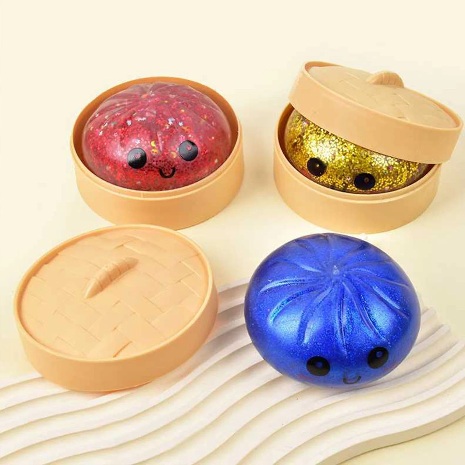Glitter Dumpling - Glitter Dumpling Squishy, Dumplings Squeeze Sensory Stress Relief Toy with Food Steamer for Adults & Kids