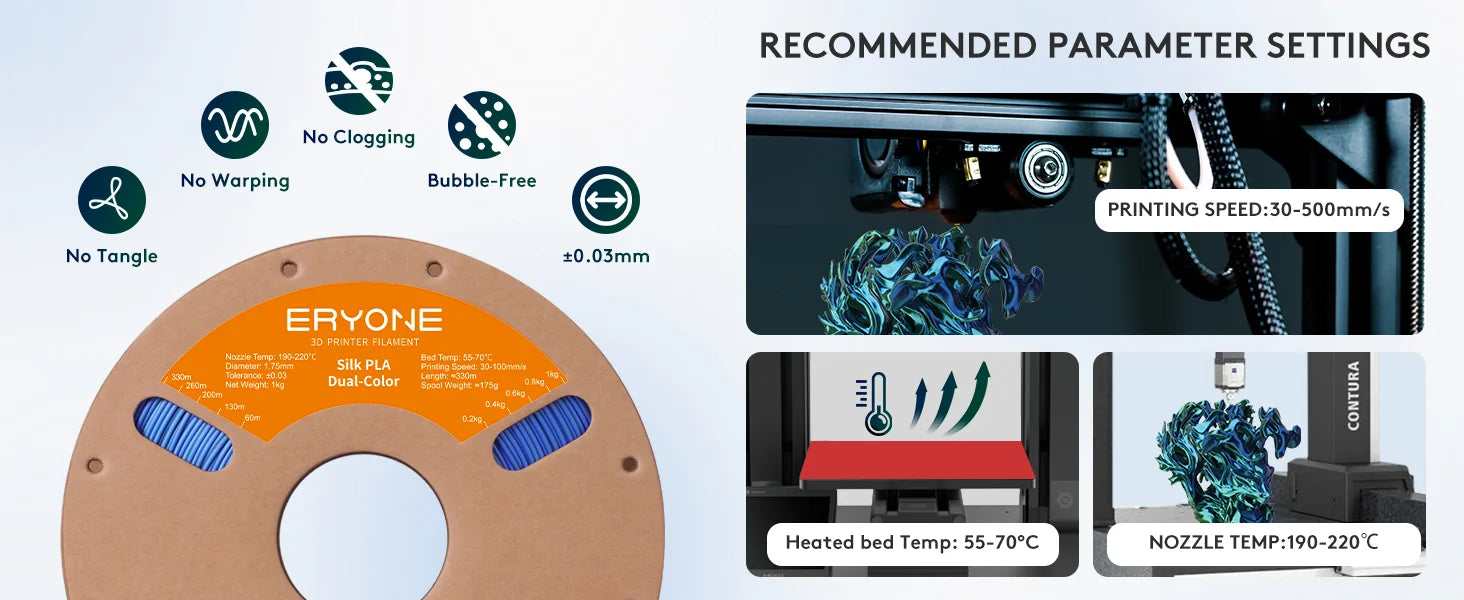 ERYONE 1KG Silk Dual Color PLA Series 3D Printer Filament 1.75mm, Dual-Color Coextrusion Silky Shiny Finish, 1kg Spool