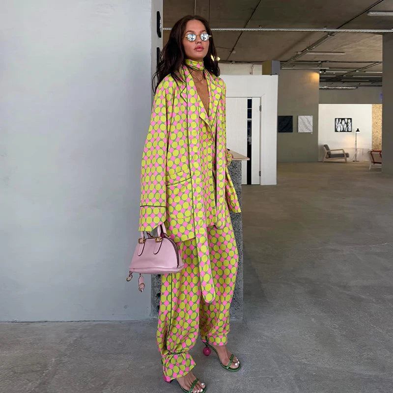 Loose Geometric Print Shirt Pant Sets for Women Ribbon Lapel Full Sleeve Pocket Shirts Wide Leg Trouser Summer Casual Suits