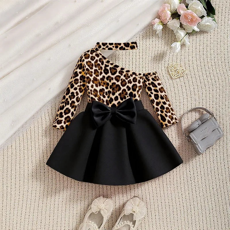 Girls' Off-Shoulder Bow Ruffle Sleeve Two-Piece Dress Set