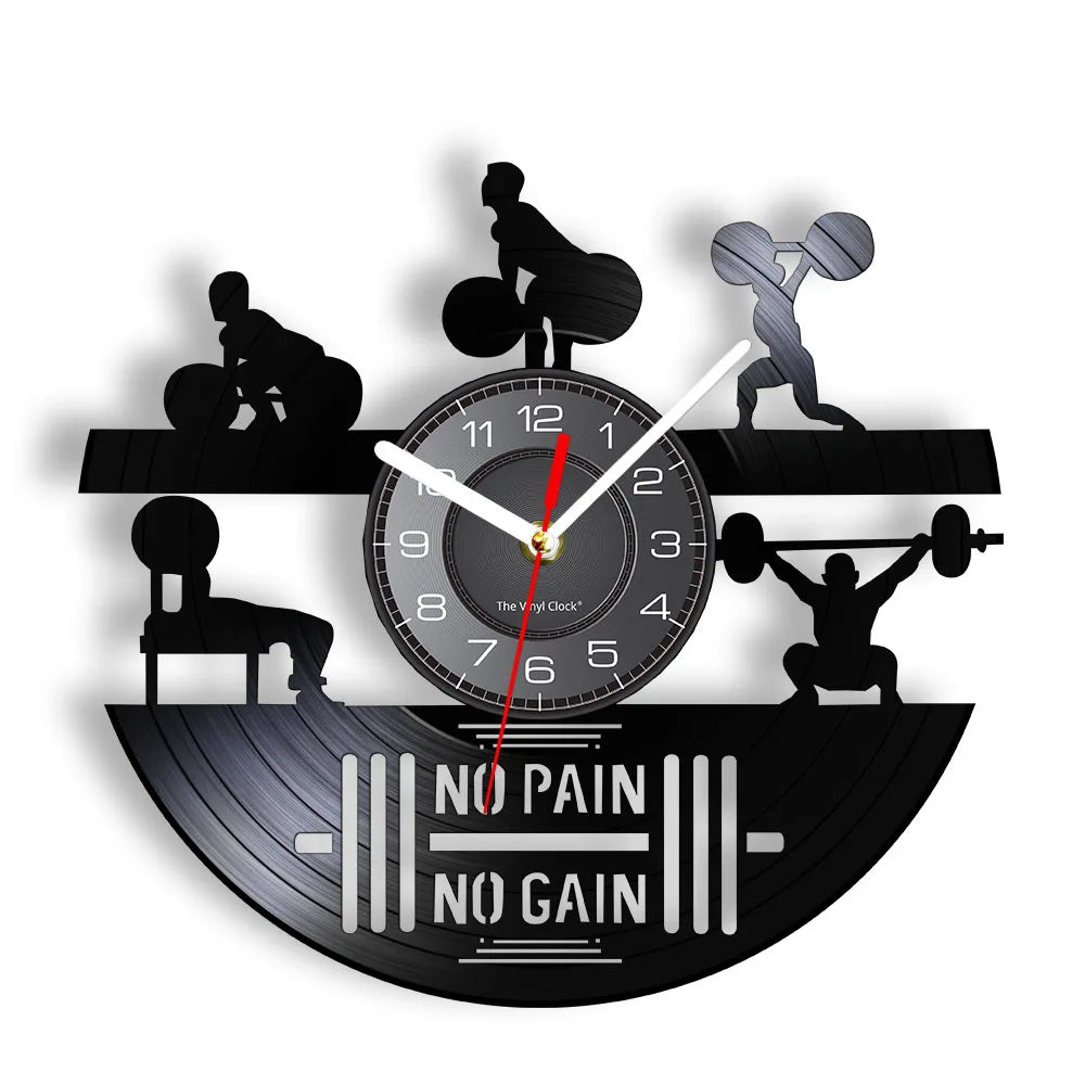 Fitness Equipment Theme Vinyl Record Fitness Wall Clock Home Decoration LED Backlight Modern Fitness Watch