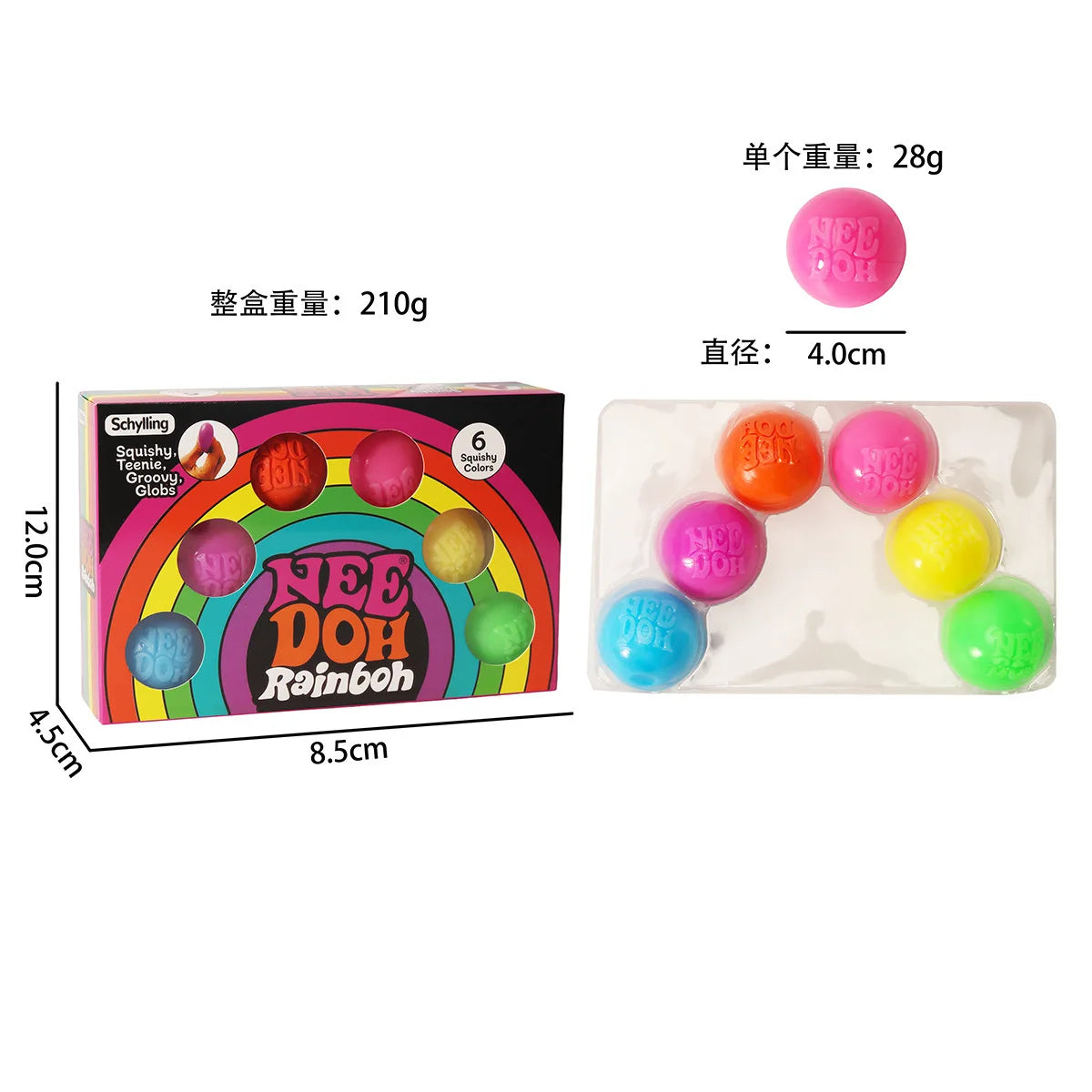 Schylling Teenie Nee Doh Rainbow Stress Balls | 6-Pack Squishy Fidget Toys | Anxiety Relief | Ages 14+