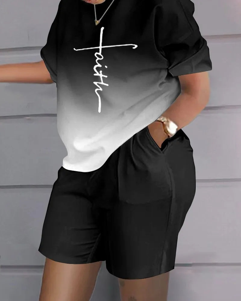 Women's Printed Wide Leg Pants & Short Sleeve Top Set