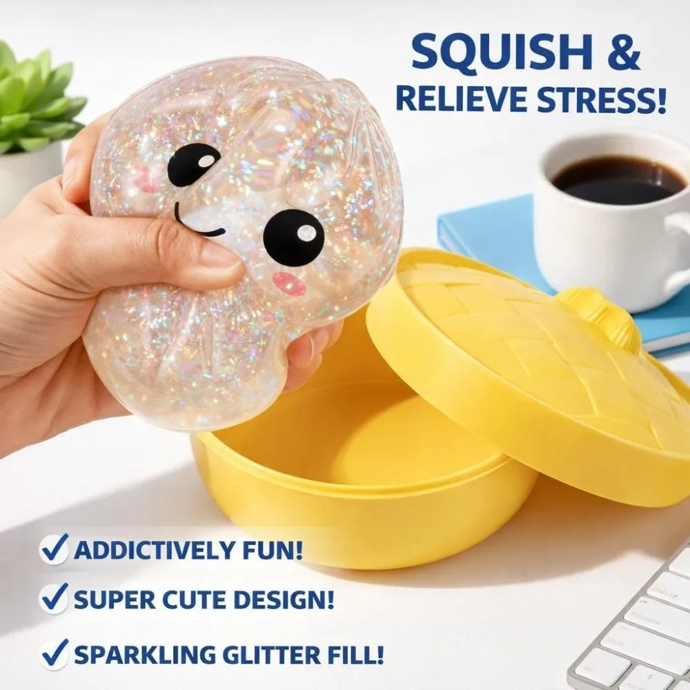 Glitter Dumplings Squishy Soft with Steamer Steamed Bun Squishy Pinch Le Fidget Slow Resilience Squeeze Decompression Dough