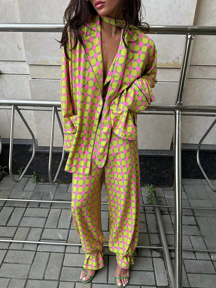 Loose Geometric Print Shirt Pant Sets for Women Ribbon Lapel Full Sleeve Pocket Shirts Wide Leg Trouser Summer Casual Suits