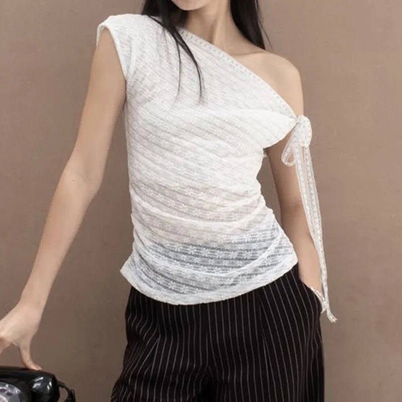 2026 Summer Women's Clothing Street Style One-shoulder Asymmetric Lace Lace Off-shoulder Lace Short-sleeved T-shirt for Women