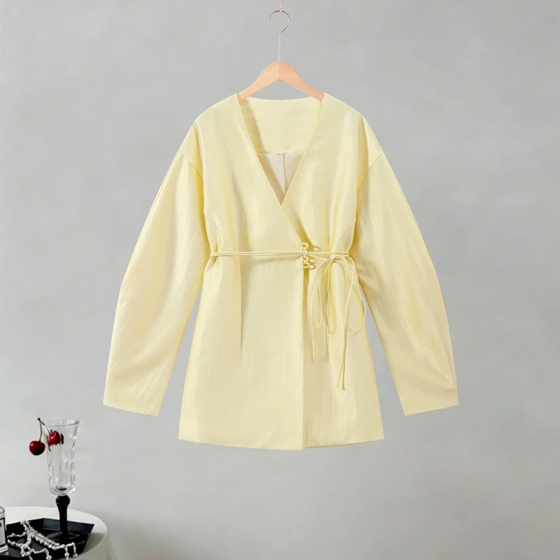 Elegant Stain Loose Jacket Pants Suit Women Solid Lace Up Full Sleeve V-neck Jackets Wide Leg Trousers Fashion Street Sets Lady