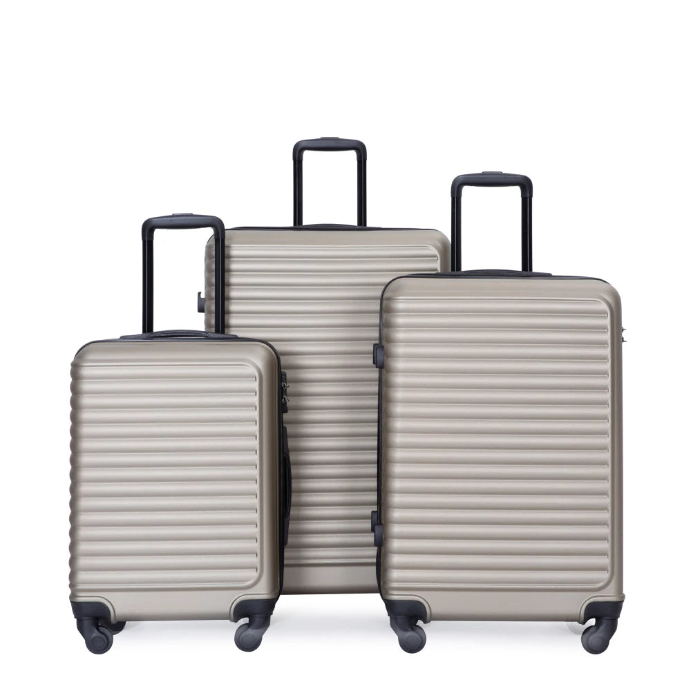 3 Piece Luggage Sets ABS Lightweight Suitcase with Two Hooks Spinner Wheels TSA Lock GOLD