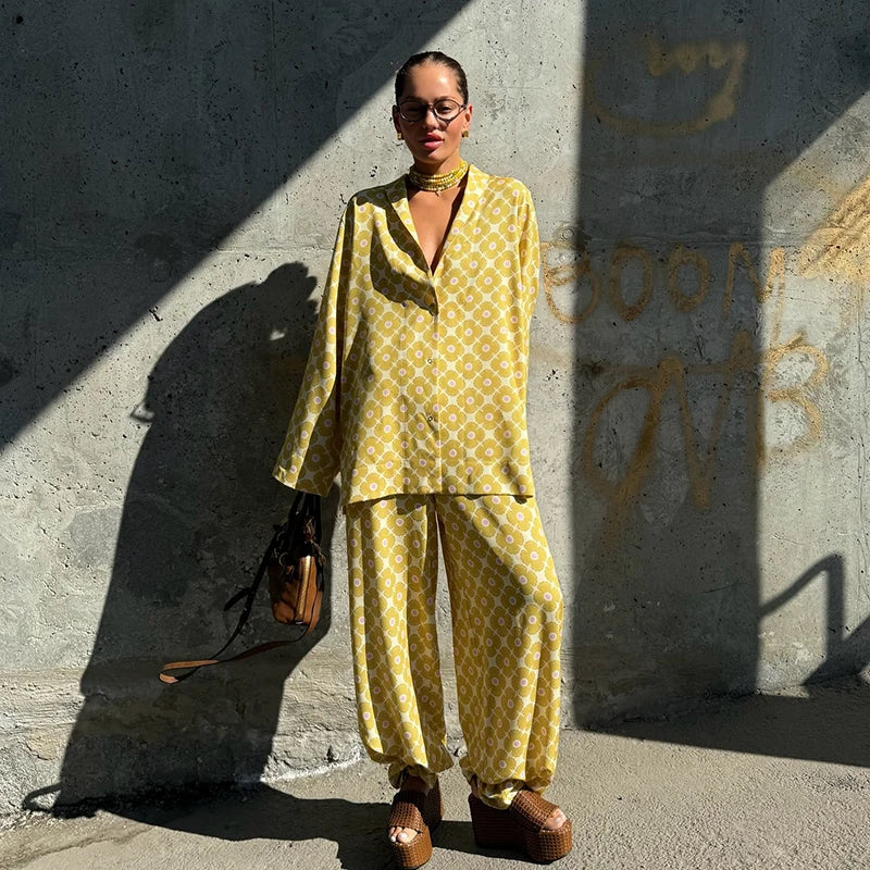 Loose Geometric Print Shirt Pant Sets for Women Ribbon Lapel Full Sleeve Pocket Shirts Wide Leg Trouser Summer Casual Suits