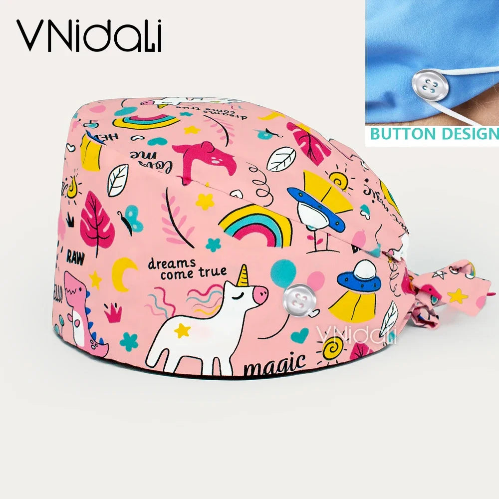 Floral Cotton Scrub Cap with Button – Adjustable Surgical Hat for Nurses, Doctors & Pet Groomers | 17 Colors