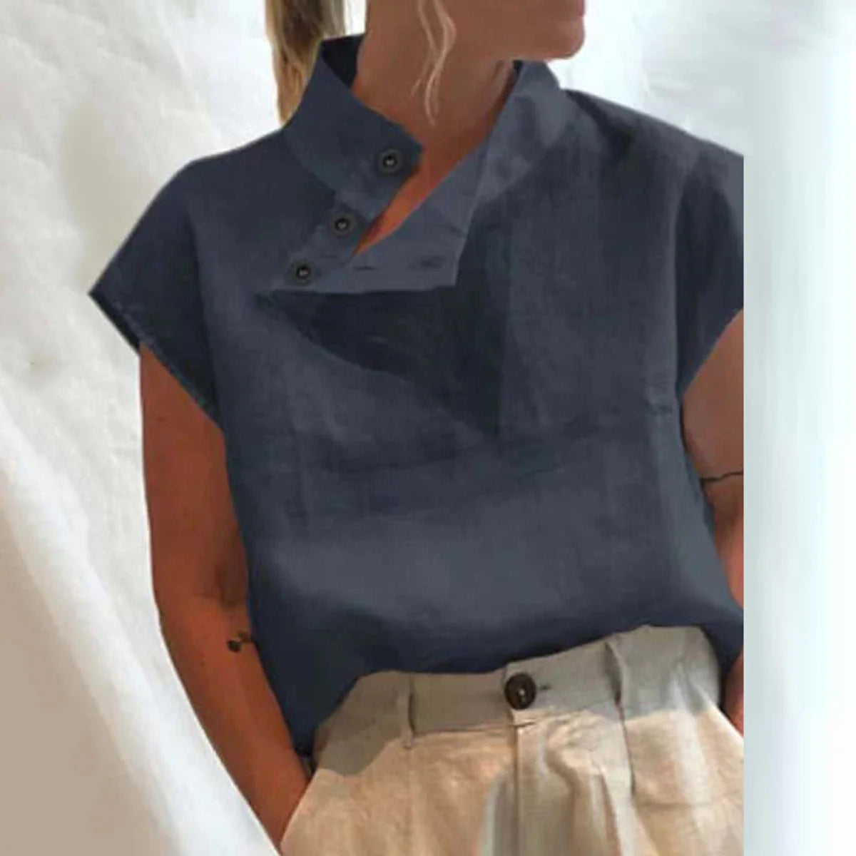 Women's Cotton Linen Stand Collar Blouse