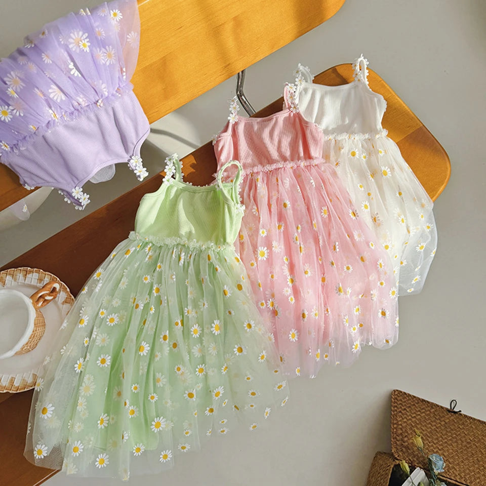 2026 Summer Girls Sling Dress Cute Daisy Print Tulle Skirt Casual Party Dress Kids Princess Dress with Lace Flower Trim 2-8Years