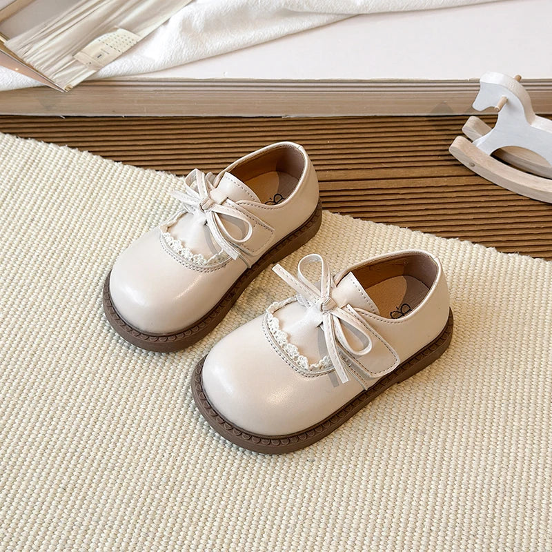 Girls Lace Trim Bow Mary Jane Princess Flat Shoes