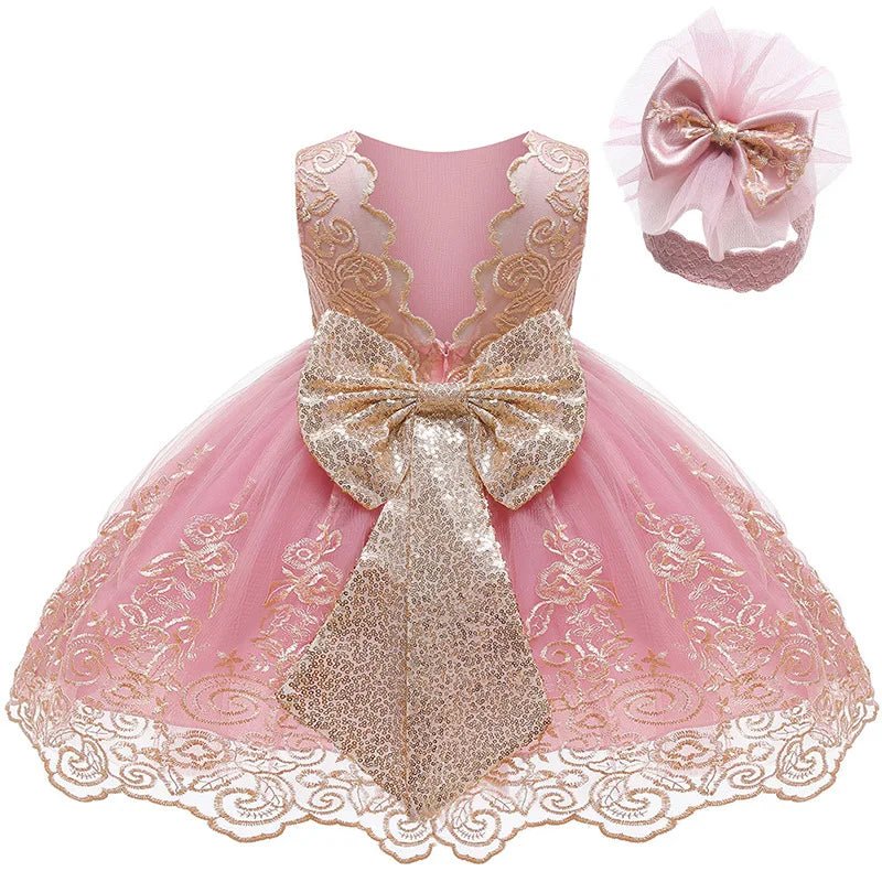 Baby Girl Lace A-Line Dress with Big Bow – Sleeveless Princess Dress in 3 Colors, Sizes 3M–24M
