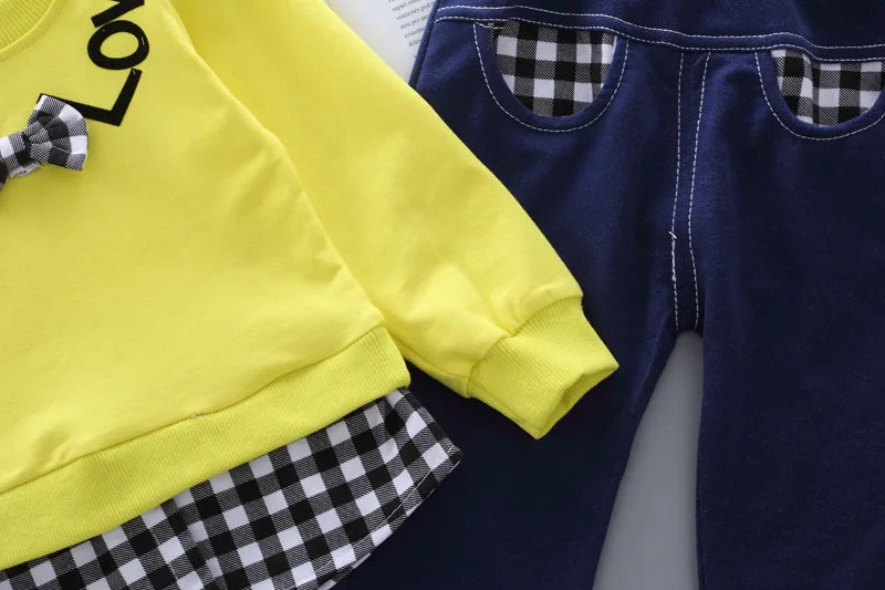 Girls' Bow Plaid Long Sleeve Top & Pants 2-Piece Set