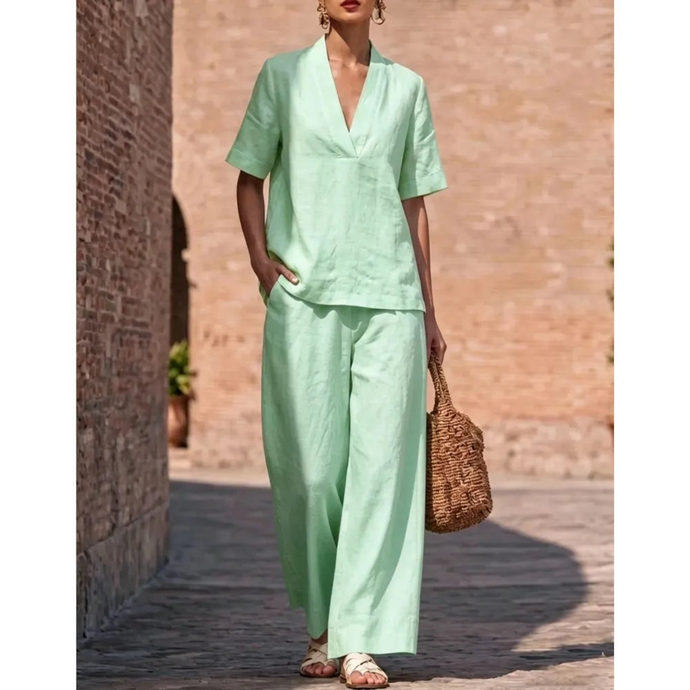 Summer Casual V-neck Short-sleeved Women Trousers 2-piece Set Fashion Casual Loose Wide-leg Trousers Female Lazy Daily Suit 2026