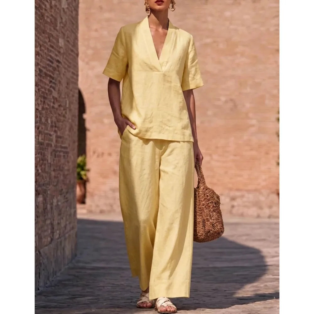 Summer Casual V-neck Short-sleeved Women Trousers 2-piece Set Fashion Casual Loose Wide-leg Trousers Female Lazy Daily Suit 2026