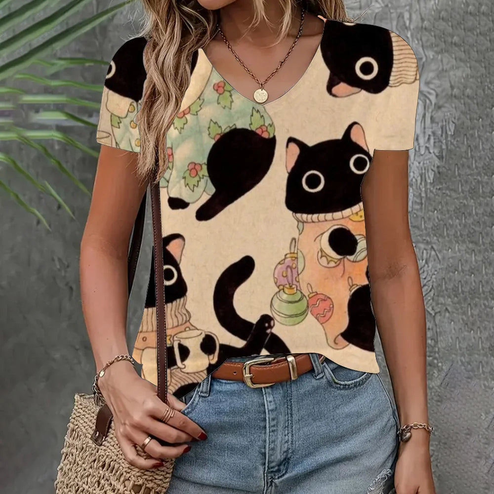 2024 New Women's Clothing T-shirt Summer Loose Short Sleeve 3d Cat Print Top Fashion V-neck Casual Clothing Women's T-shirt