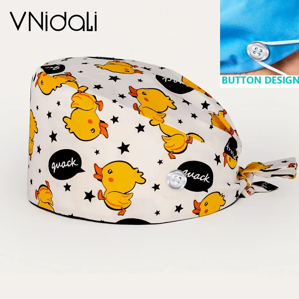 Floral Cotton Scrub Cap with Button – Adjustable Surgical Hat for Nurses, Doctors & Pet Groomers | 17 Colors