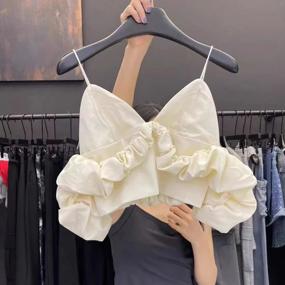 Women's clothing 2025 spring and summer new V-neck off-the-shoulder bubble sleeve pleated short suspender vest women
