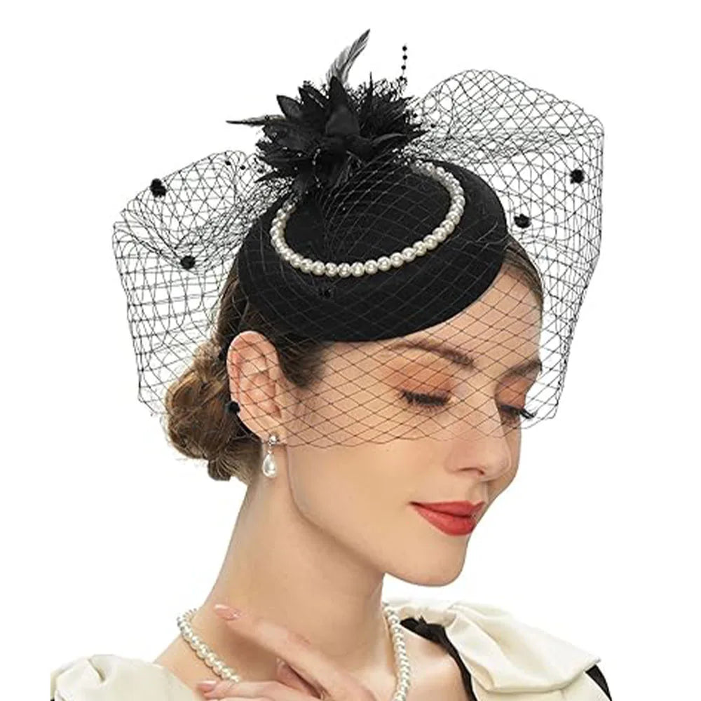 Women's Vintage Flower Fascinator Hat – Pillbox Veil Headband for Kentucky Derby, Wedding & Tea Party