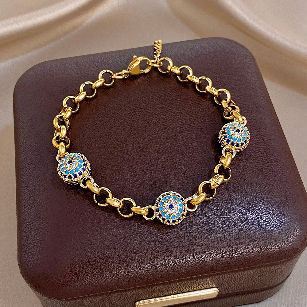 Greatera Blue-eyed Colored Rhinestone Inlaid Ball Bracelet For Women New Style 2026 Trendy Metal Stainless Steel Design Bangles