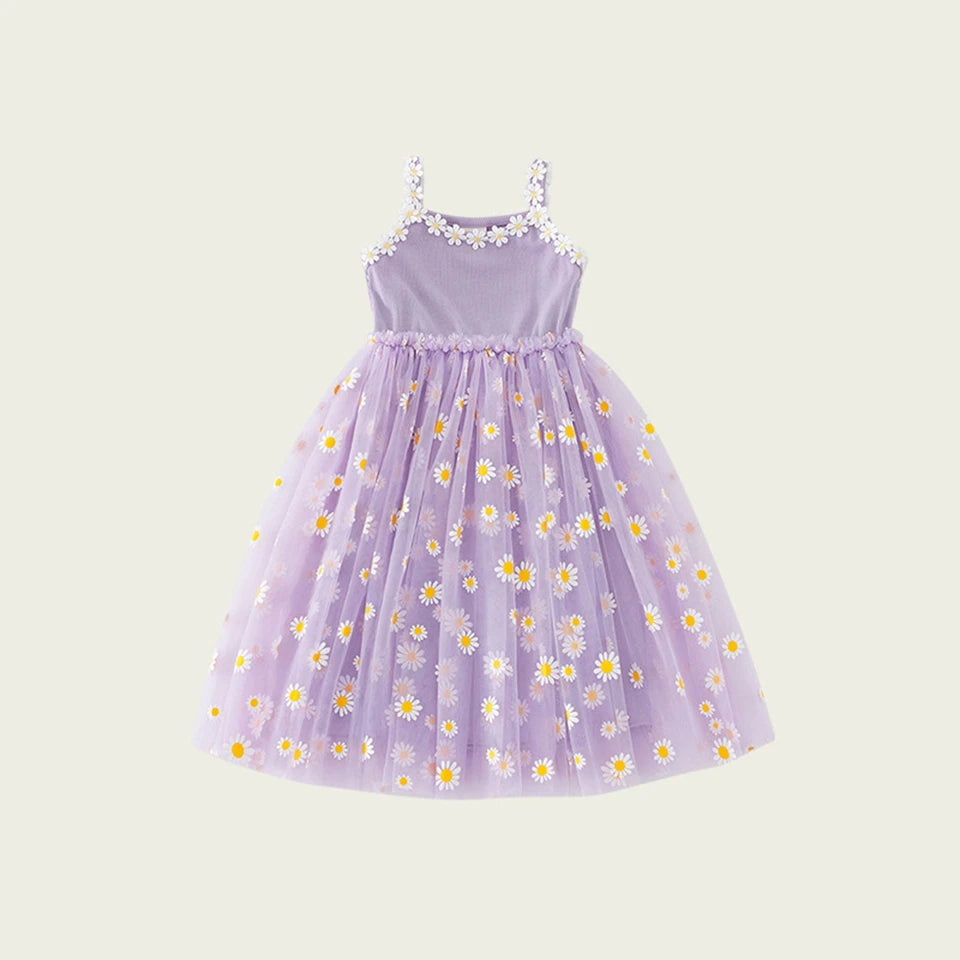 2026 Summer Girls Sling Dress Cute Daisy Print Tulle Skirt Casual Party Dress Kids Princess Dress with Lace Flower Trim 2-8Years