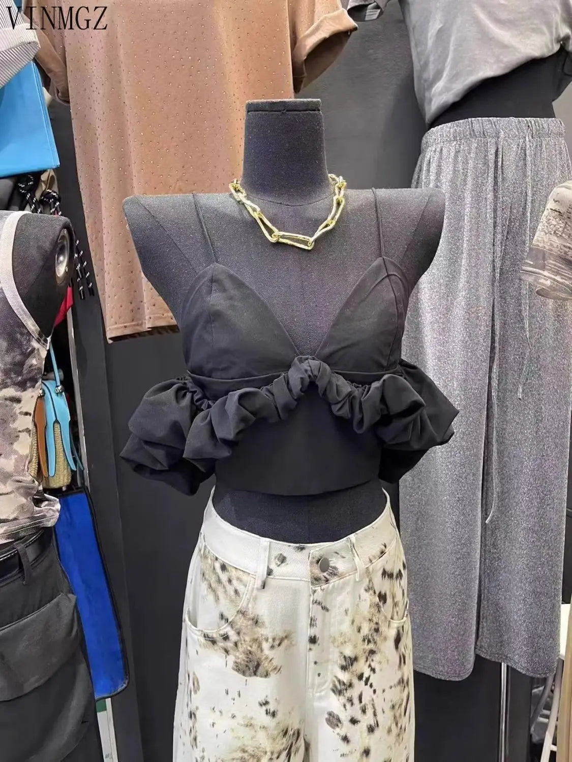 Women's clothing 2025 spring and summer new V-neck off-the-shoulder bubble sleeve pleated short suspender vest women