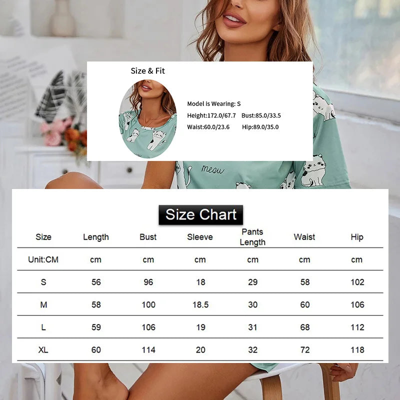 2026 Women Casual Cute Outdoor Shits with Shorts Pajamas Sets Short Sleeve Sleepwear 2 Piece Pjs Cartoon Cat Print Pyjamas Sets