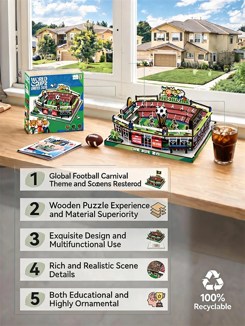 Football Stadium 3D Wooden Puzzle – DIY Assembly Model with Removable Scoreboard