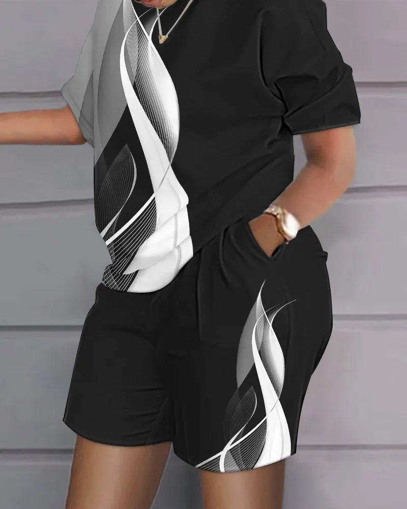 Women's Printed Wide Leg Pants & Short Sleeve Top Set