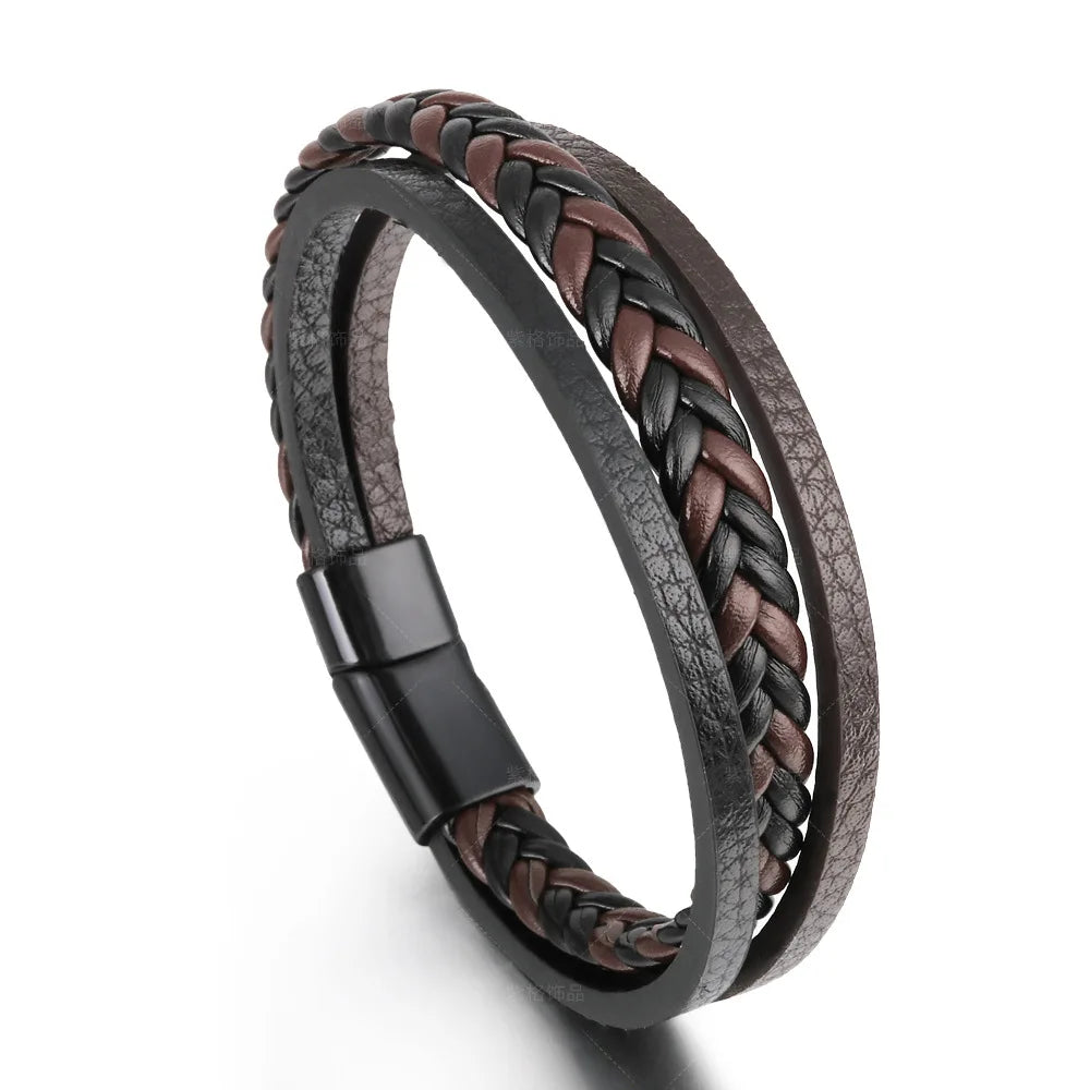 Men's Multilayer Leather & Braided Rope Bracelet – Vintage Aluminium Alloy Bangle | 21cm