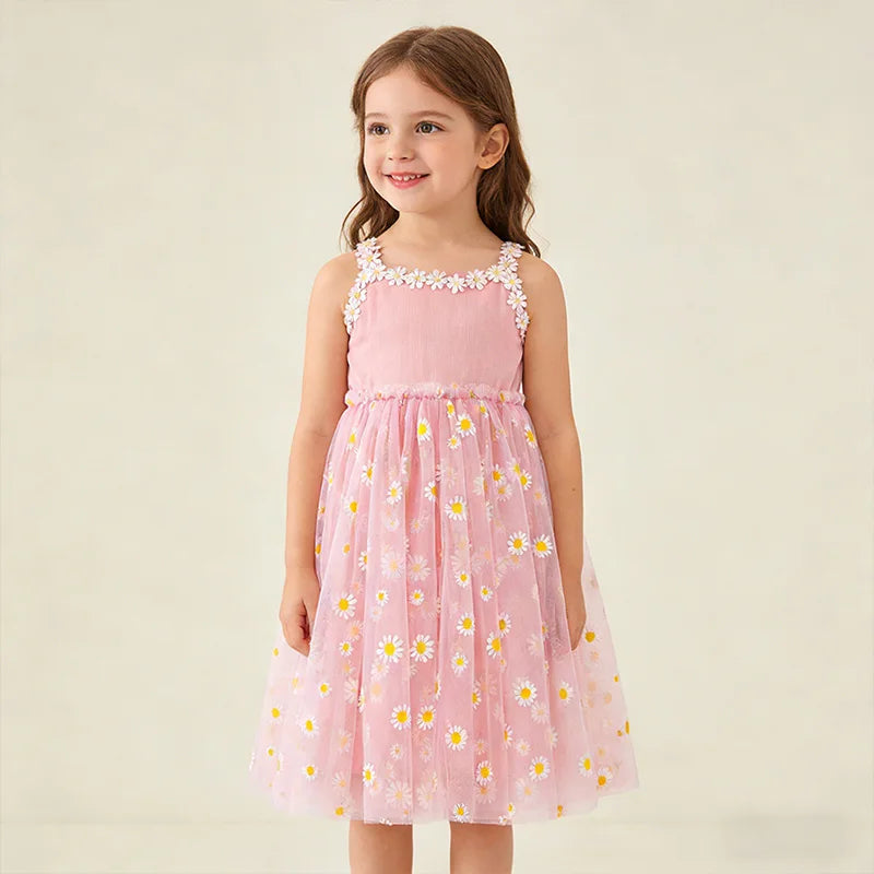 2026 Summer Girls Sling Dress Cute Daisy Print Tulle Skirt Casual Party Dress Kids Princess Dress with Lace Flower Trim 2-8Years