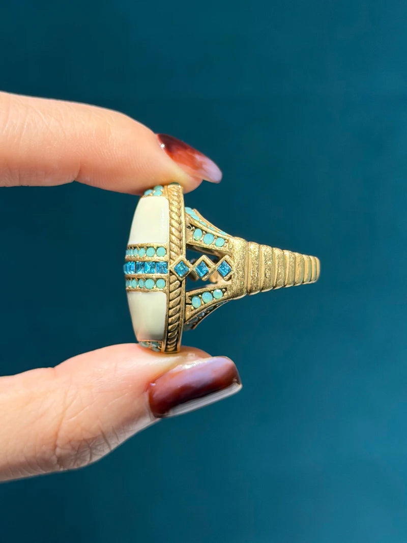 Vintage Oval Sea Blue Crystal Rings Natural Stone White For Woman 18k Real Gold Plated Luxury Antique Jewelry High Quality 2026