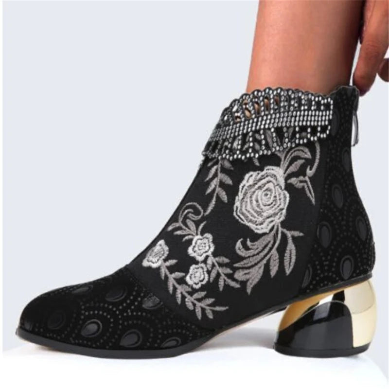 Women's Handmade Embroidered Square Heel Ankle Boots