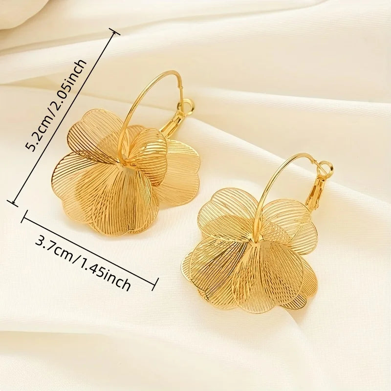 Vintage Layered Flower Dangle Hoop Earrings – Two-Tone Bohemian Floral Drop Earrings for Women