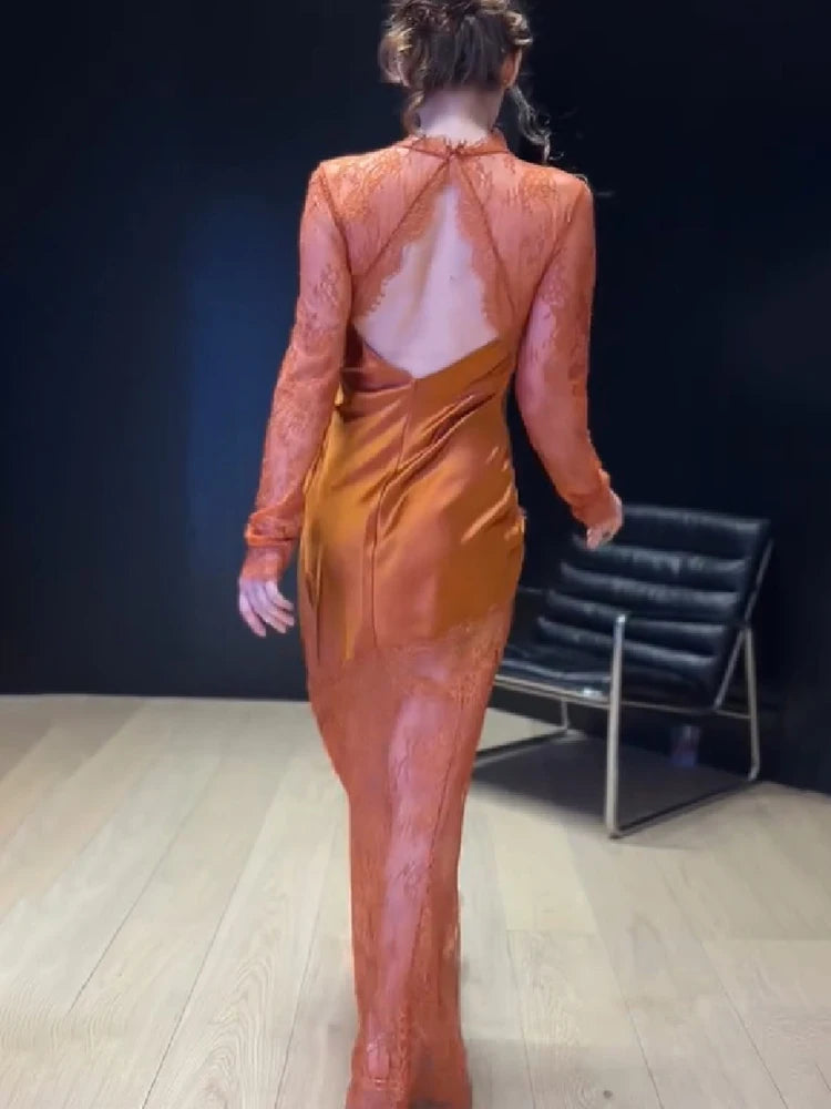 Women Luxury Lace Overlay Satin Maxi Skirt Long Sleeve Slim Fit Sheer Mermaid Hem Party Dress Formal Evening Date Activity Gown
