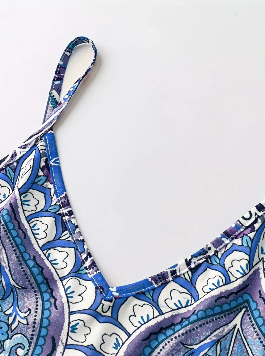 Women's Blue & White Porcelain Print Spaghetti Strap Maxi Dress