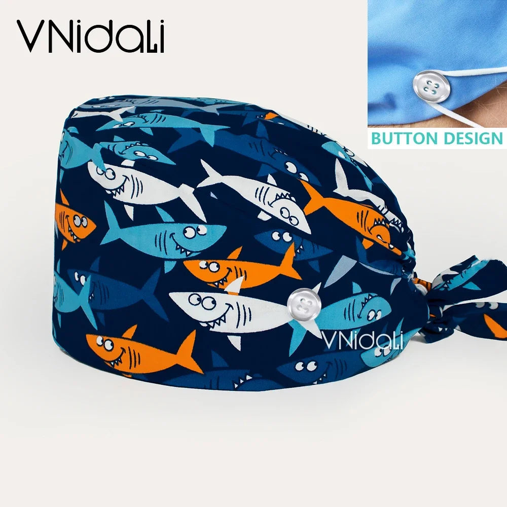 Floral Cotton Scrub Cap with Button – Adjustable Surgical Hat for Nurses, Doctors & Pet Groomers | 17 Colors