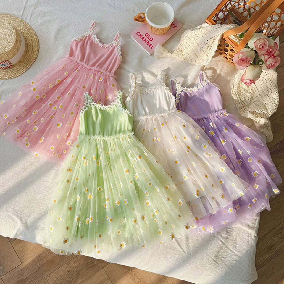 2026 Summer Girls Sling Dress Cute Daisy Print Tulle Skirt Casual Party Dress Kids Princess Dress with Lace Flower Trim 2-8Years