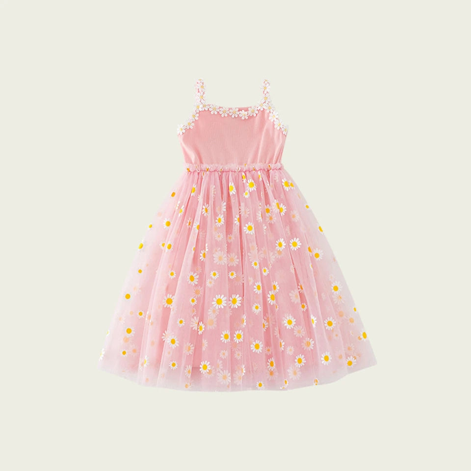 2026 Summer Girls Sling Dress Cute Daisy Print Tulle Skirt Casual Party Dress Kids Princess Dress with Lace Flower Trim 2-8Years
