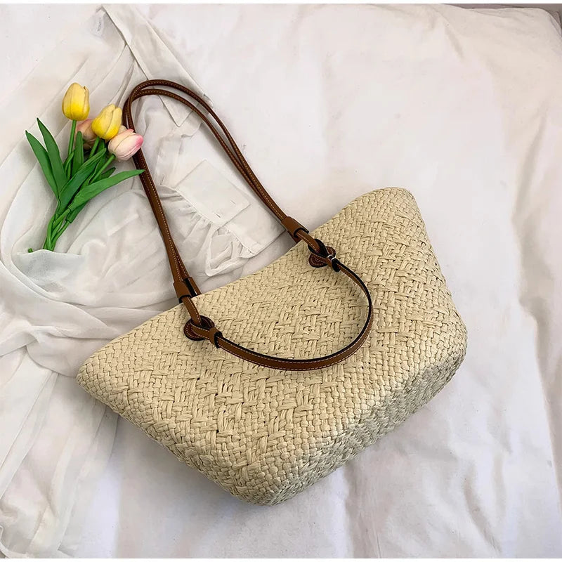 Women's Woven Straw-Style Bucket Tote Bag