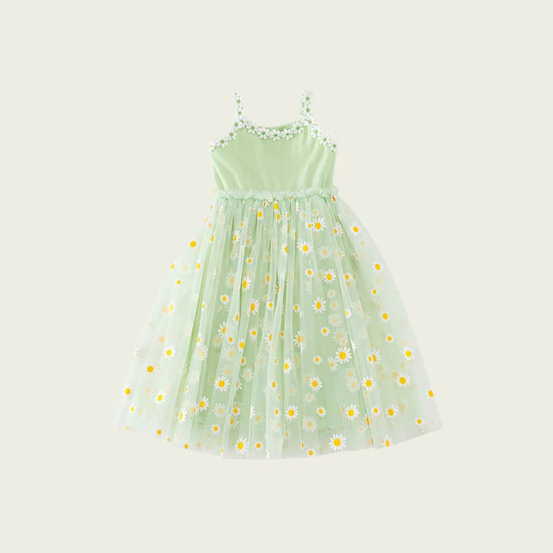 2026 Summer Girls Sling Dress Cute Daisy Print Tulle Skirt Casual Party Dress Kids Princess Dress with Lace Flower Trim 2-8Years
