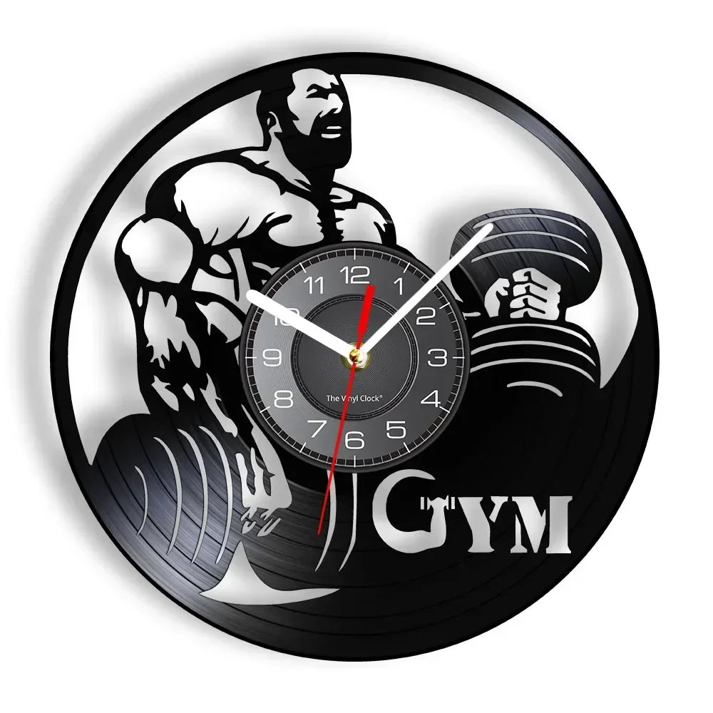 Fitness Theme Vinyl Record Wall Clock – LED Backlight Home Décor | 30cm