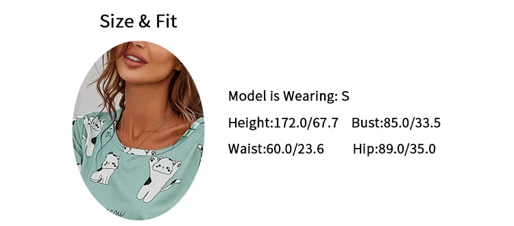 2026 Women Casual Cute Outdoor Shits with Shorts Pajamas Sets Short Sleeve Sleepwear 2 Piece Pjs Cartoon Cat Print Pyjamas Sets