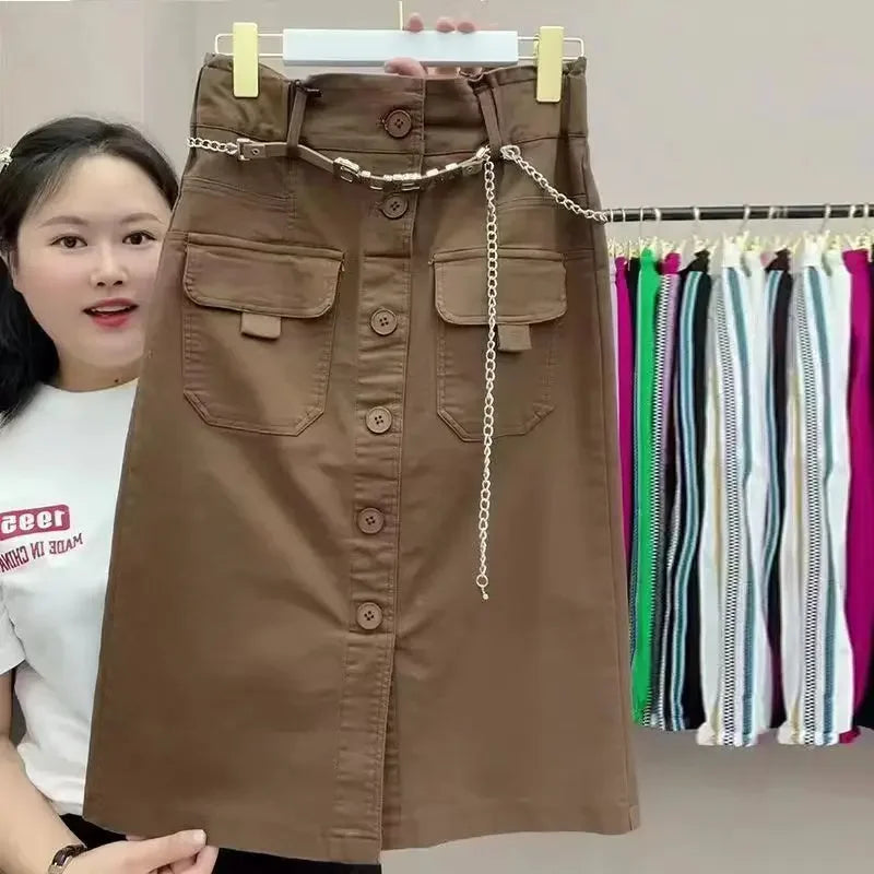 Women's Solid Color Button A-Line Skirt – High Waist Knee-Length Casual Skirt for Spring & Summer