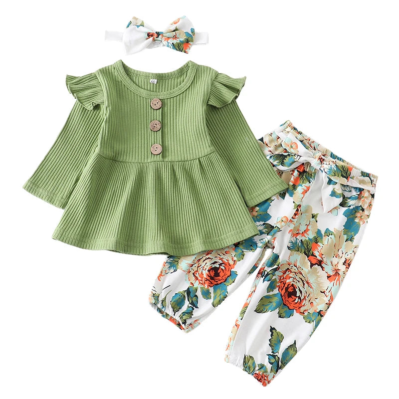 Newborn Baby Girl 3-Piece Knit Top, Floral Pants & Headband Set