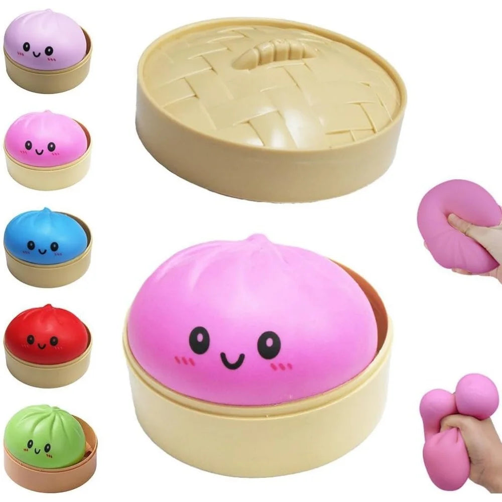 Large Dumpling Stress Ball with Steamer Colorful Squishy Bun Sensory Toy for Anxiety Relief, Squeeze Dough Ball for Adults&Kids
